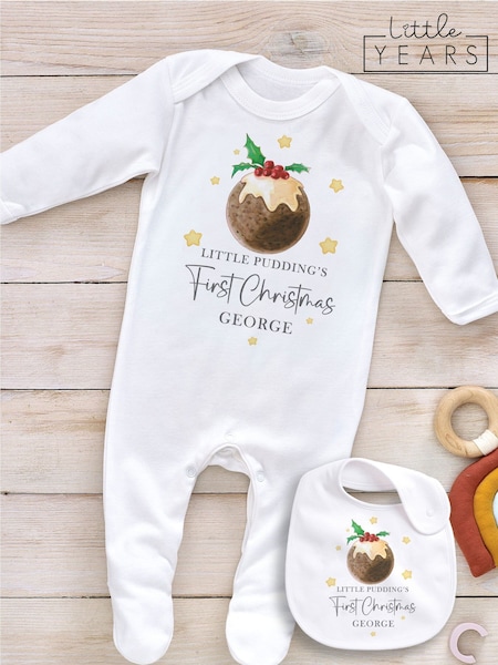 Little Years White Personalised Christmas Pudding Sleepsuit & Bib set (G07979) | £28