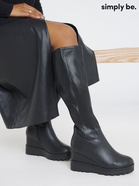 Simply Be Black Wide Fit Stretch Wedge Knee High Boots (G09008) | £76