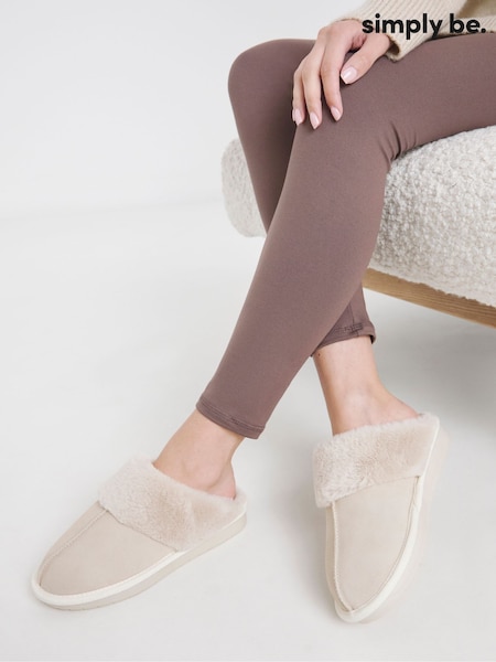 Simply Be Natural Faux Fur Lined Suede Mule Slippers (G09243) | £25