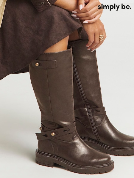 Simply Be Brown Wide Fit Casual Knee High Boots With Wrap Detail (G09266) | £65