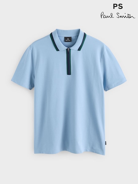 PS Paul Smith Blue Quarter Zip Tipped Detail Polo Shirt (G09326) | £100