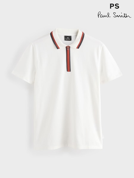 PS Paul Smith White Quarter Zip Tipped Detail Polo Shirt (G09329) | £100