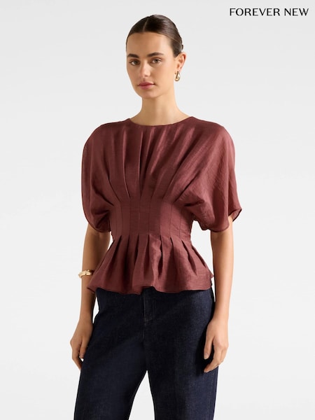Forever New Brown Olive Pleated Top Contains Top (G09528) | £55