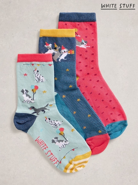 White Stuff Blue Party Dogs Ankle Socks 3 Pack (G09671) | £15