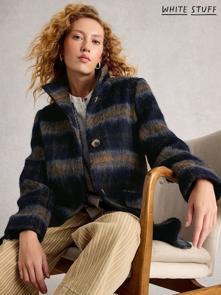 White Stuff Blue Karla Check Wool Blend Coat (G09685) | £150