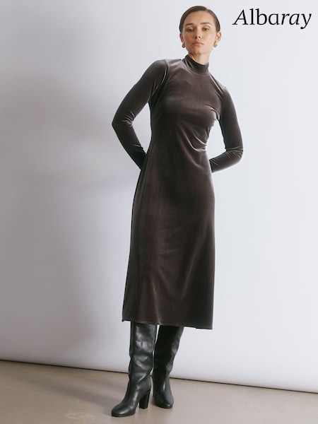 Albaray Velvet Funnel Neck Maxi Brown Dress (G09746) | £99