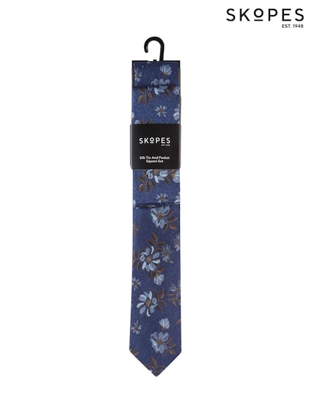 Skopes Blue Floral Silk Tie and Pocket Square Set (G09782) | £30