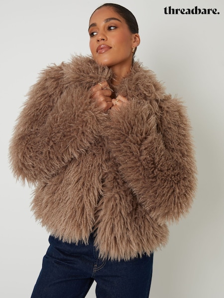 Threadbare Brown Collared Faux Fur Coat (G10093) | £58