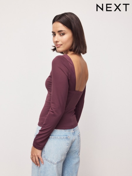 Wine Soft Touch Slinky Backless Long Sleeve Top (G10107) | £24