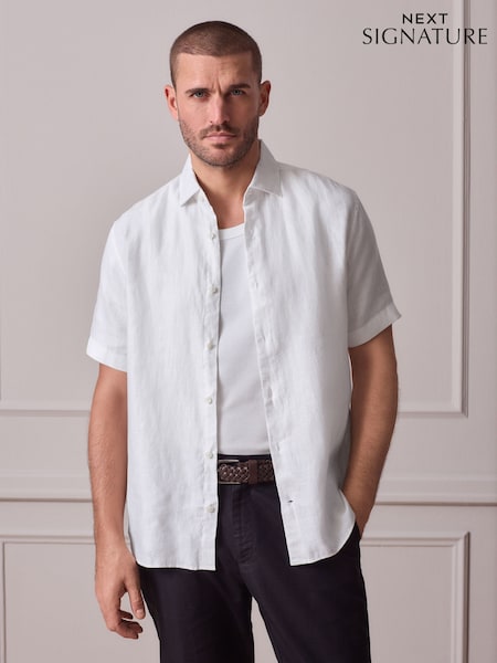 White Regular Fit Signature Twill Texture 100% Linen Short Sleeve Shirt (G10323) | £50
