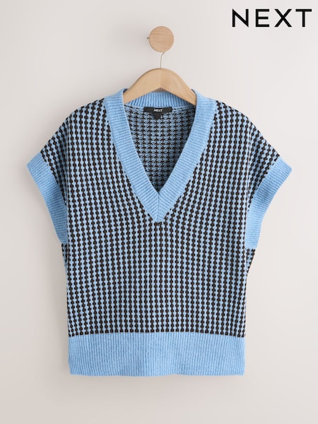 Blue/Chocolate Brown Tweed Drop Shoulder Knitted Tank Cover-Up (G10411) | £36