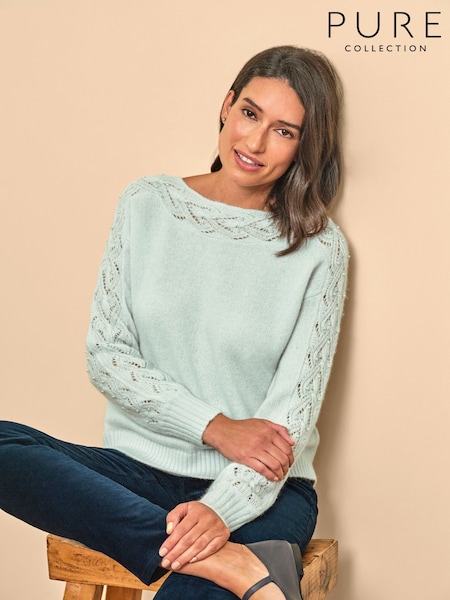 Pure Collection Blue Wool Cashmere Lace & Pearl Sleeve Jumper (G10419) | £165