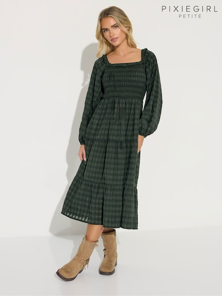 PixieGirl Petite Green Crinkle Check Long Sleeve Dress (G10511) | £39