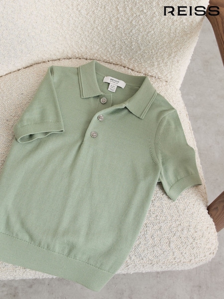 Reiss Light Sage Green Manor Merino Wool Short-Sleeve Polo Shirt (G10527) | £30