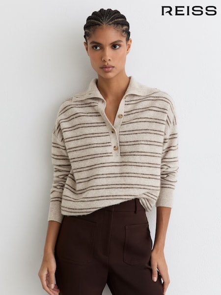 Reiss Neutral/Brown Evana Wool-Cashmere Stripe Buttoned Jumper (G10554) | £148