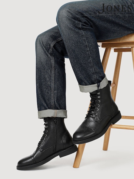 Jones Bootmaker Black Davide Leather Wide Fit Military Boots (G10753) | £130