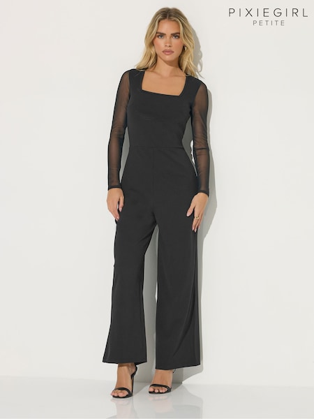 PixieGirl Petite Black Mesh Long Sleeve Side Leg Jumpsuit (G10762) | £39