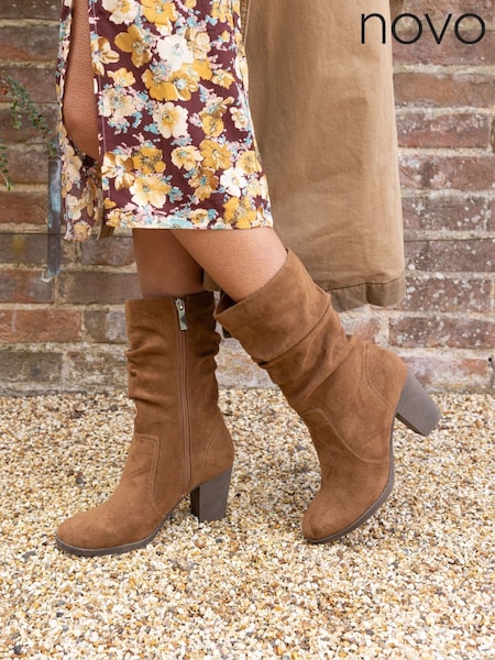 Novo Brown Standard Fit Joany Block Heel Slouch Ruched Ankle Boots (G10910) | £44