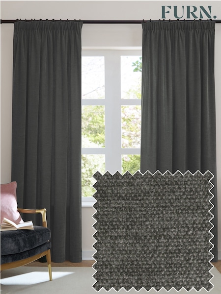 Furn Charcoal Soft Chenille 100% Blackout & Thermal Pencil Pleat Curtains (G11082) | £56 - £140