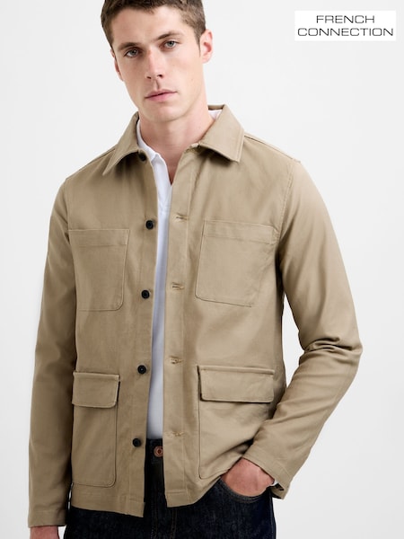 French Connection Brown Cotton Blend Four Pocket Canvas Button-Up Overshirt (G11151) | £55