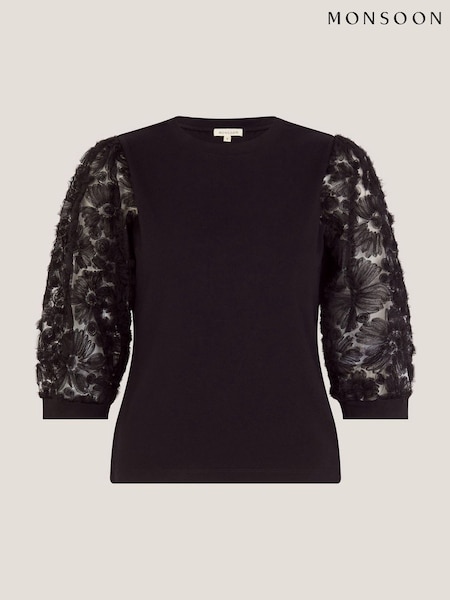 Monsoon Black Flavia Sheer Appliqué Sleeve Top (G11366) | £45