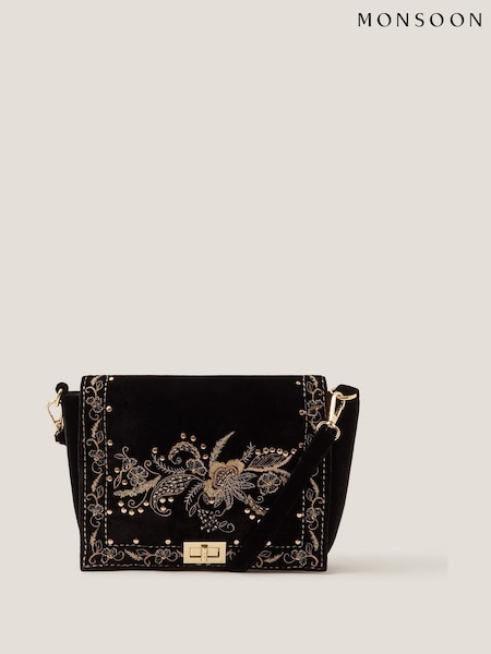 Monsoon Black Lily Floral Embroidered Shoulder Bag (G11369) | £45