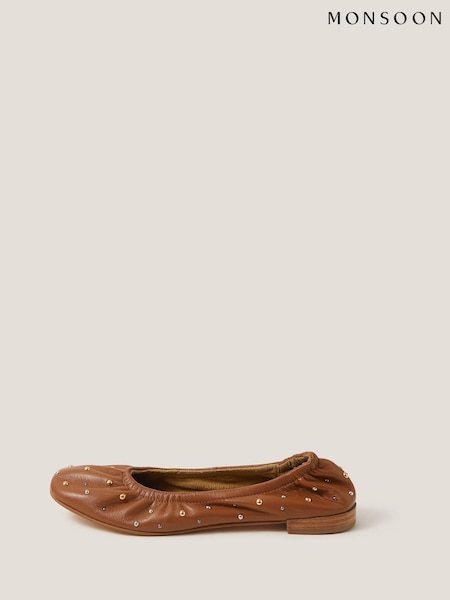 Monsoon Brown Mila Leather Stud Ballet Pumps (G11371) | £54