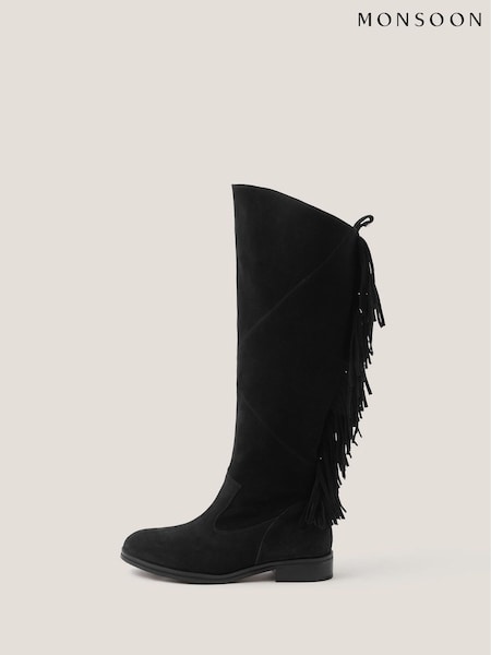 Monsoon Black Flo Fringe Suede Knee High Boots (G11372) | £119