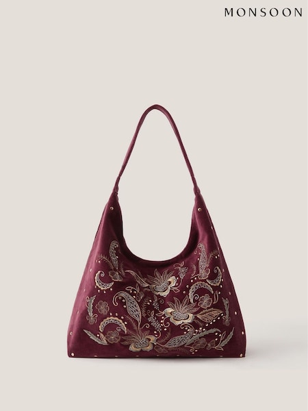 Monsoon Red Lily Embroidered Slouch Shoulder Bag (G11373) | £55