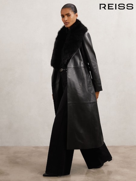 Reiss Black Estee Leather Trench Coat With Faux-Fur Collar (G11410) | £998