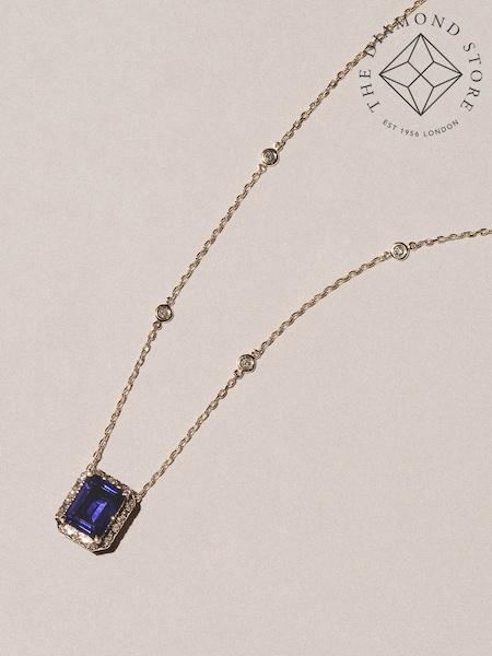 The Diamond Store Blue Astra 2.00ct Octagon Cut Lab Sapphire Halo Pendant Necklace in 18K Gold Vermeil (G11539) | £235