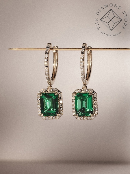The Diamond Store Gold/Green Astra 3.50ct Octagon Cut Lab Ruby Halo Drop Earrings in 18K Gold Vermeil (G11554) | £325
