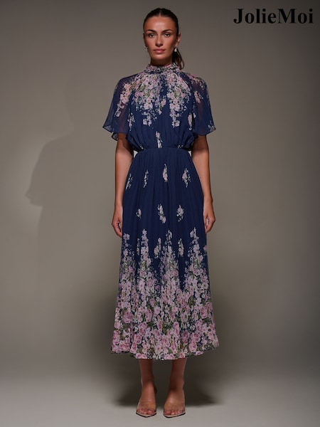 Jolie Moi Navy Floral High Neck Short Sleeve Pleated Chiffon Dress (G11561) | £78