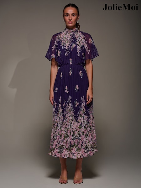 Jolie Moi Purple High Neck Short Sleeve Pleated Chiffon Dress (G11565) | £78