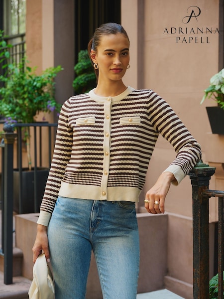 Crew Neck Button Front Striped Pointelle Long Sleeve Sweater (G11745) | £69