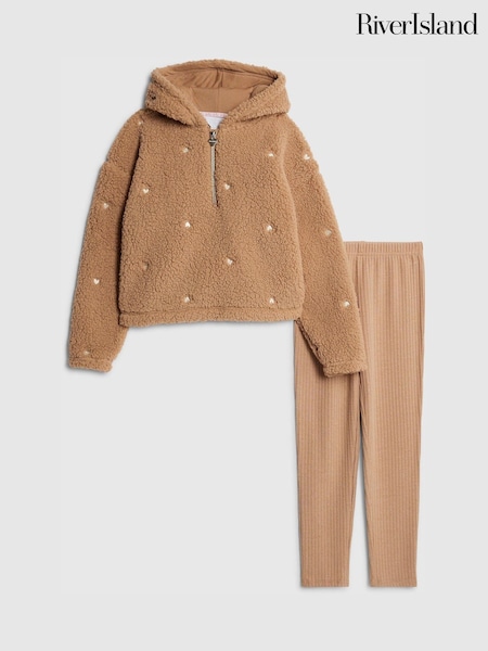 River Island Brown Girls Borg Heart Print Cosy Leggings Set (G12278) | £29
