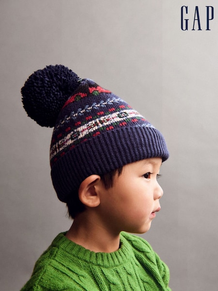 Gap Navy Blue Fairisle Pom Beanie and Mittens Set (G12364) | £30
