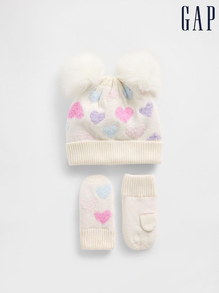 Gap White Heart Pom Beanie and Mittens Set (G12375) | £30