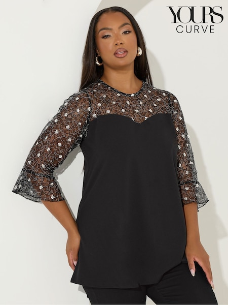 Yours Curve Black Sweetheart 3D Floral Top (G12447) | £37