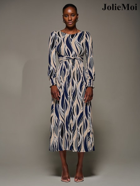 Jolie Moi Blue Jersey Belted Long Sleeve Maxi Dress (G12468) | £75