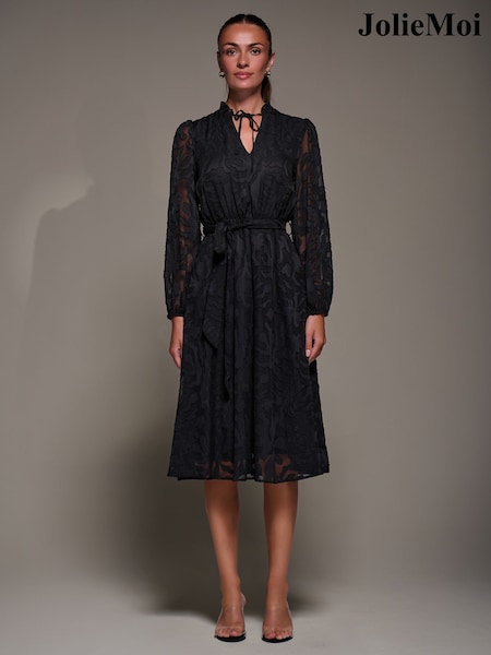 Jolie Moi Black Tie Neck Chiffon Midi Dress (G12471) | £75