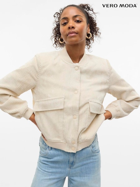 VERO MODA Cream Cord Bomber Jacket (G12626) | £55