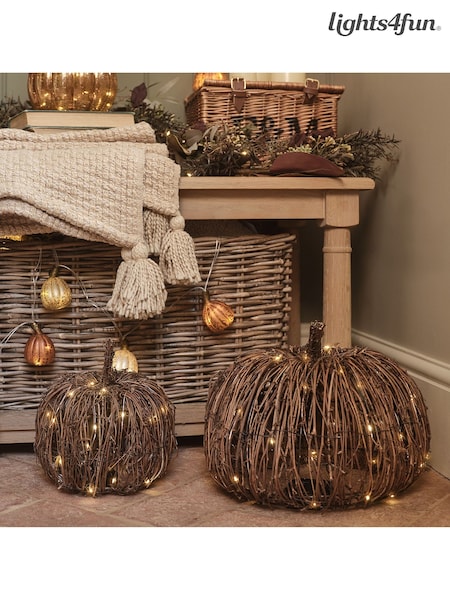 Lights4fun Set of 2 Brown Rattan Light Up Pumpkins (G13093) | £60
