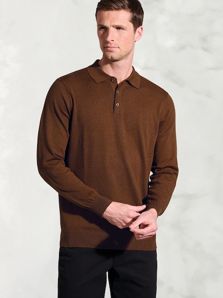 Brook Taverner Brown Cotton Merino Long Sleeve Polo Shirt (G13184) | £60