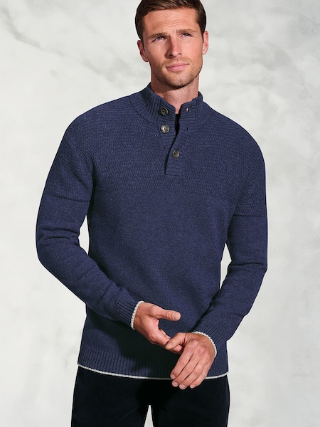 Brook Taverner Blue Textured Lambswool Button Neck Jumper (G13191) | £60