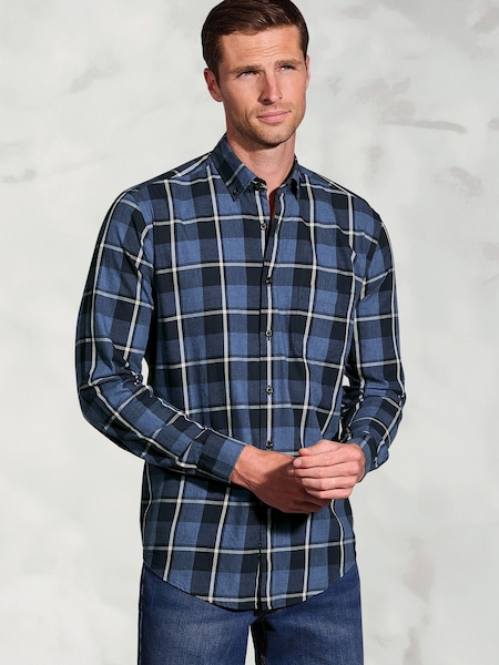 Brook Taverner Blue Melange Check Cotton Shirt (G13196) | £50