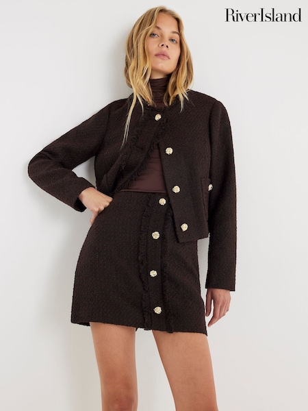 River Island Brown Boucle Button Mini Skirt (G13336) | £35
