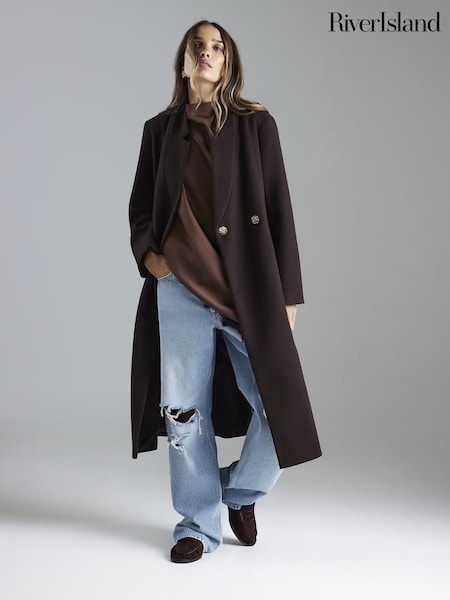 River Island Brown Notch Collar Belted Wrap Coat (G13351) | £79