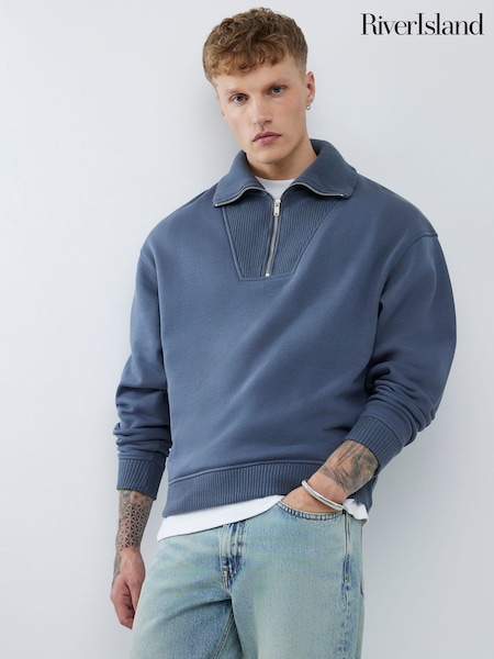 River Island Blue Regular Quarter Zip Rib Funnel Hoodie (G13618) | £32
