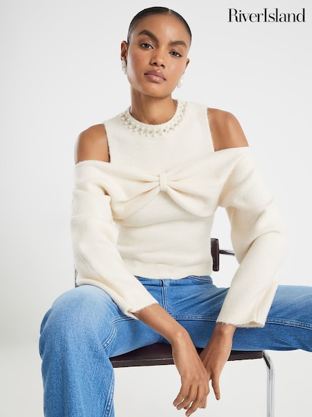 River Island Cream Cold Shoulder Bow Top (G13792) | £49